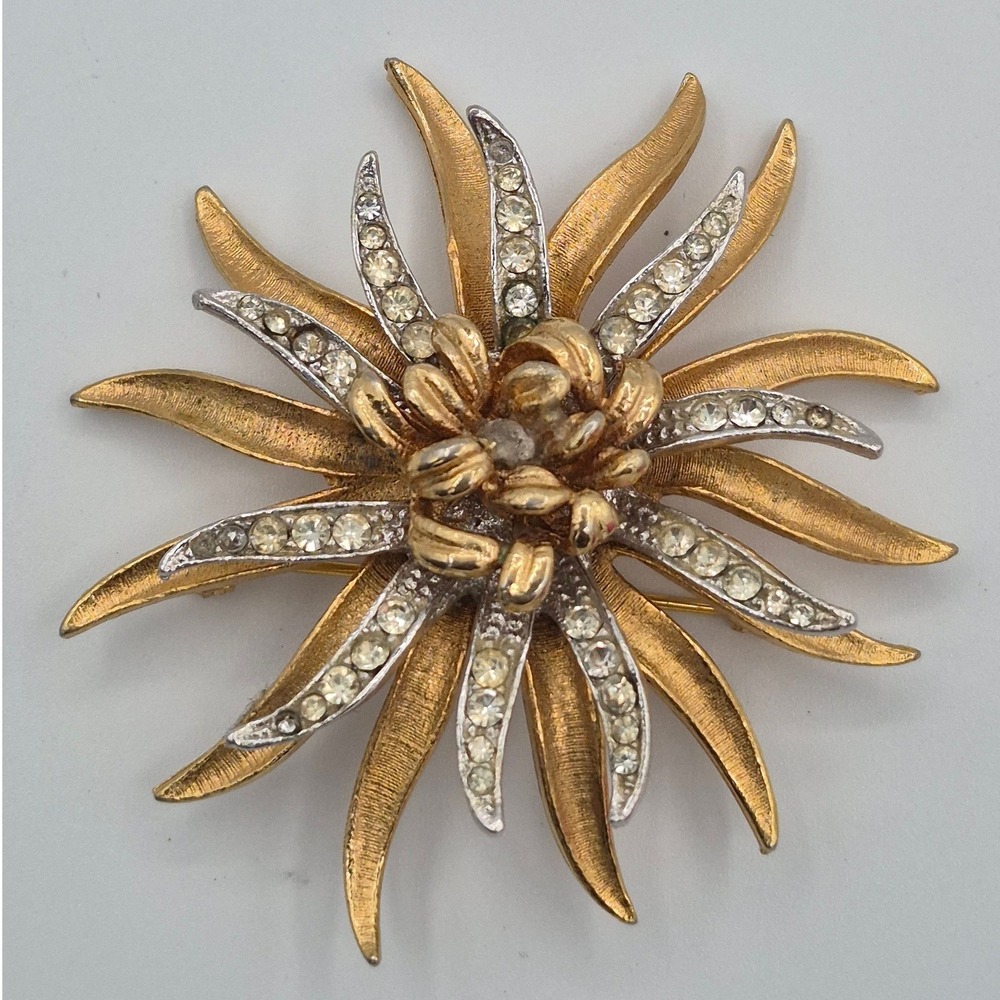 Vintage Coro Brooch Two Tone Gold Silver Rhinestone Sunburst Starburst Pin
